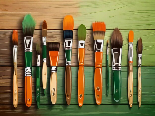 una colección de pinceles con un pincel de pintura verde y naranja