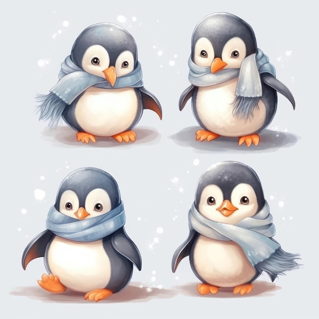 Una colección de pingüinos en diferentes poses.