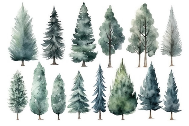 Colección de pinos de acuarela dibujada a mano Un bosque de pinos Paquete de 6 IA generativa