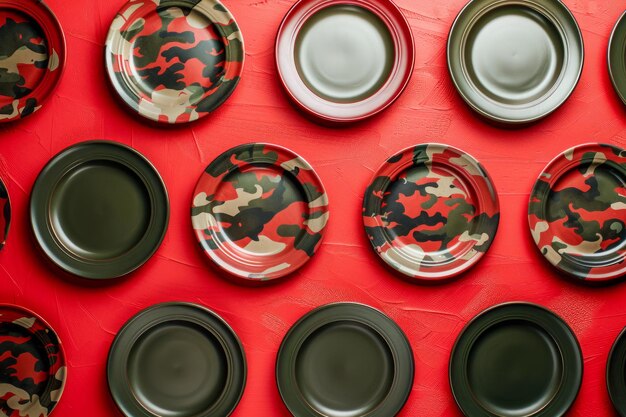 Foto colección de placas de patrón de camuflaje en fondo rojo exposición de vajilla de concepto militar