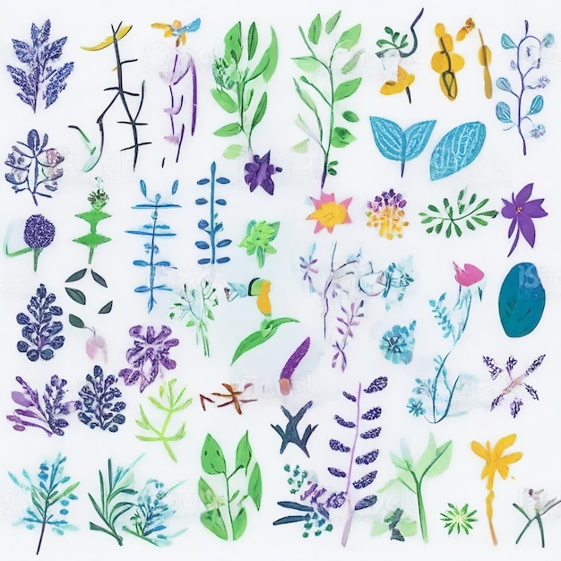 Una colección de plantas y flores abstractas de colores dibujadas a mano con patrones sin costuras