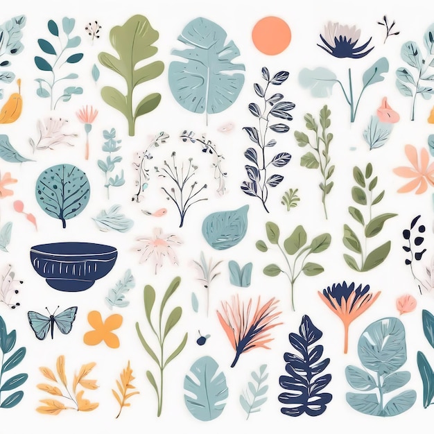 Foto una colección de plantas y flores abstractas de colores dibujadas a mano con patrones sin costuras