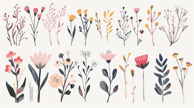 Colección de plantas y flores con elementos modernos vintage dibujados a mano