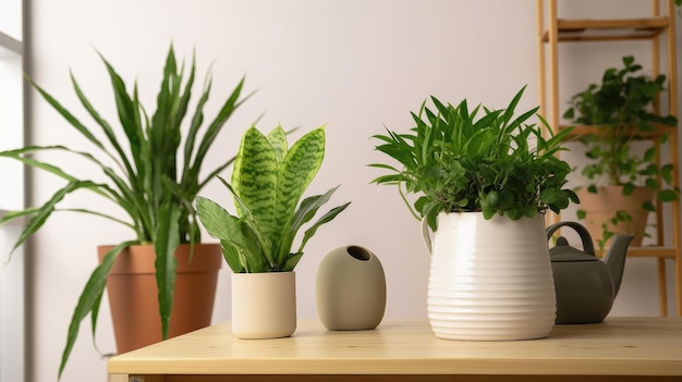 Una colección de plantas de interior sobre una mesa con una pared blanca detrás.