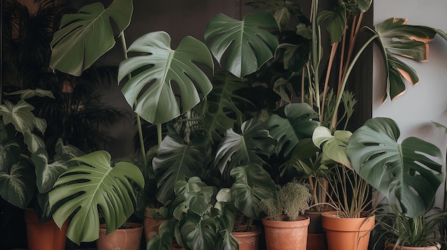 Una colección de plantas en macetas con hojas grandes.