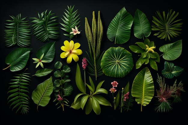 Una colección de plantas tropicales con hojas sobre un fondo oscuro.