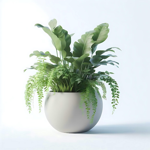 Colección de plantas verdes frescas de sala de estar en una olla de cerámica blanca con fondo blanco