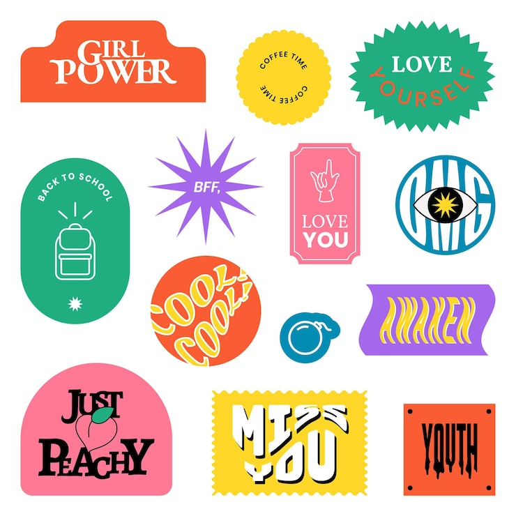 Foto colección png de insignias de pegatinas de palabras antiguas