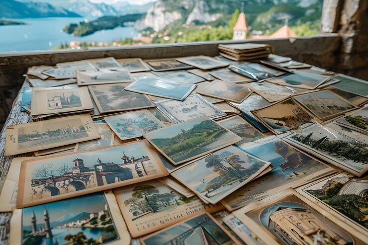 Una colección de postales antiguas con vistas a un paisaje panorámico