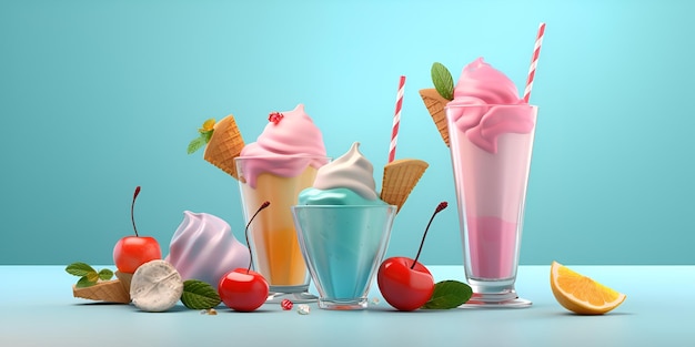 Colección de postres de bebidas dulces Un conjunto de cócteles y helados decorados con frutas y dulces.