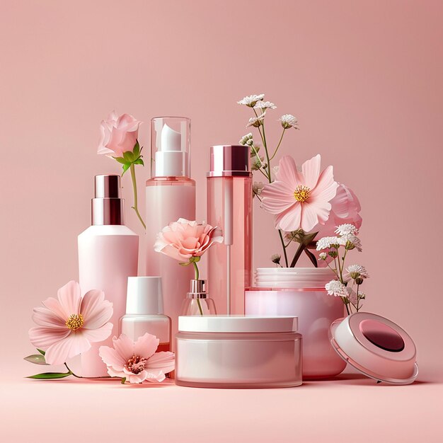 una colección de productos de belleza, incluidas flores y una botella de loción