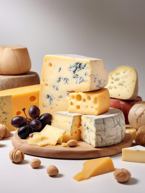 Colección de queso pedazo de queso con moho azul y nueces de cerca AI generado