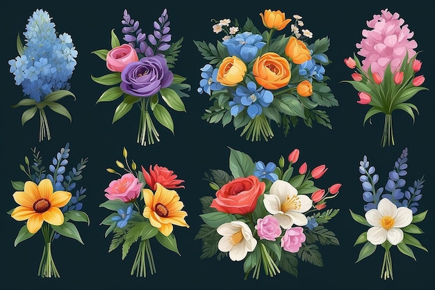 Colección de ramos Ilustraciones de flores coloridas para portadas y obras de arte