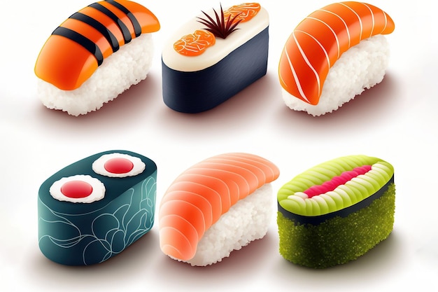 Colección de rebanadas de sushi aislado sobre un fondo blanco.