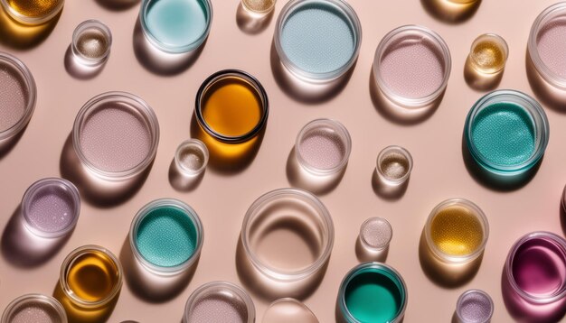 Una colección de recipientes de vidrio con líquidos de diferentes colores