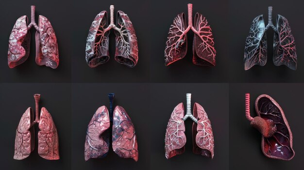 Una colección de representaciones artísticas detalladas de pulmones humanos en varios estados y materiales aislados en un fondo oscuro