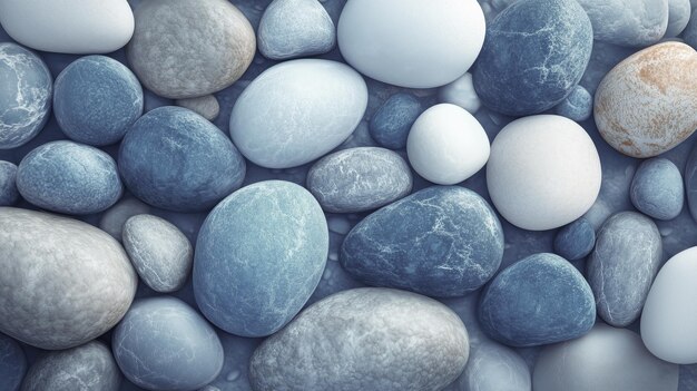 Una colección de rocas azules y blancas en un cuerpo de agua Las rocas azales están esparcidas por todo el agua con algunas más grandes y otras más pequeñas Las rocas blancas también están presentes