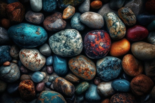 Una colección de rocas de colores sobre un fondo oscuro