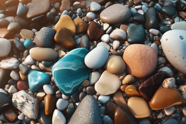 Una colección de rocas y guijarros en una playa.