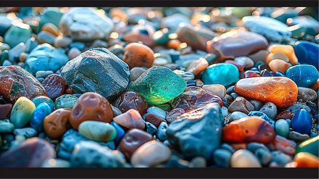una colección de rocas y piedras en una playa