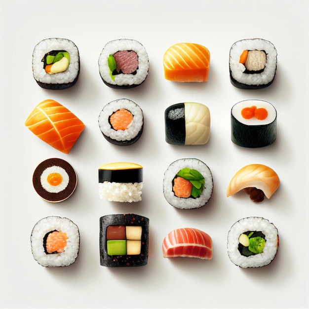 Colección de rollos de sushi con crudo fresco sobre fondo blanco Creado con tecnología de IA generativa