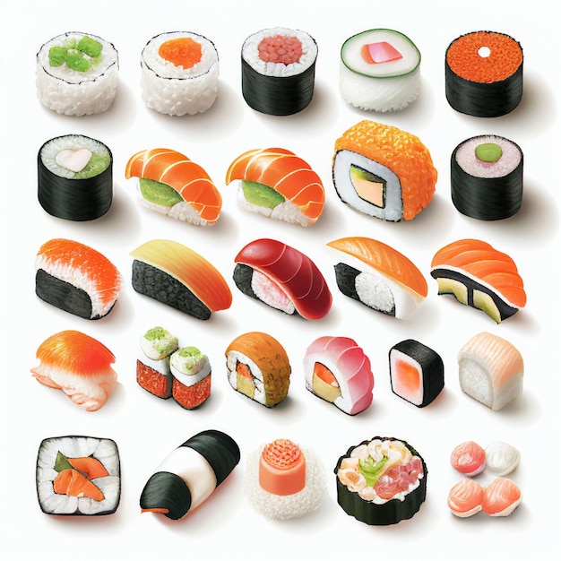 Colección de rollos de sushi con crudo fresco sobre fondo blanco Creado con tecnología de IA generativa