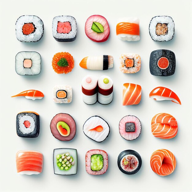 Foto colección de rollos de sushi con crudo fresco sobre fondo blanco creado con tecnología de ia generativa