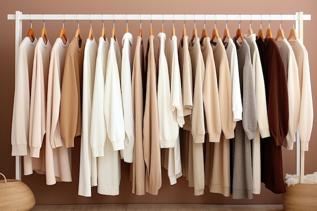 Colección de ropa colgada en un perchero en colores beige neutros