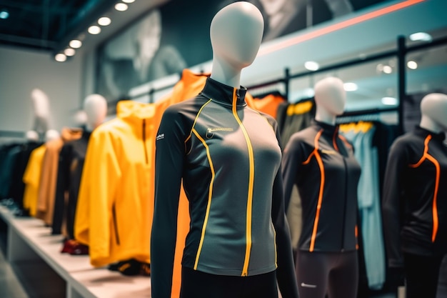 Colección de ropa deportiva de moda exhibida en una tienda de deportes