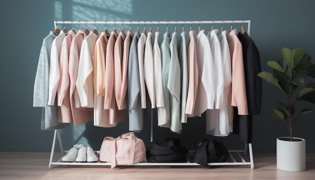 Colección de ropa de moda colgada en un armario moderno generada por IA
