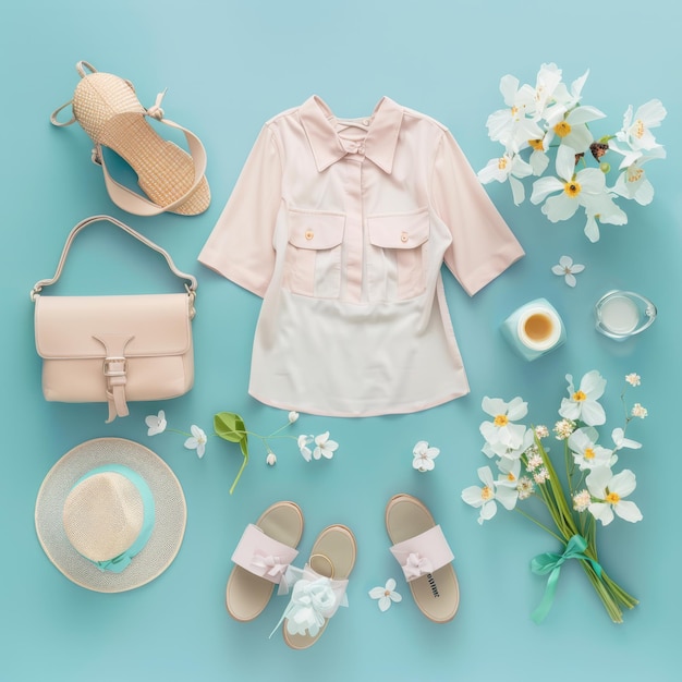 una colección de ropa para mujeres que incluye un vestido rosa, una camisa blanca y un par de zapatos