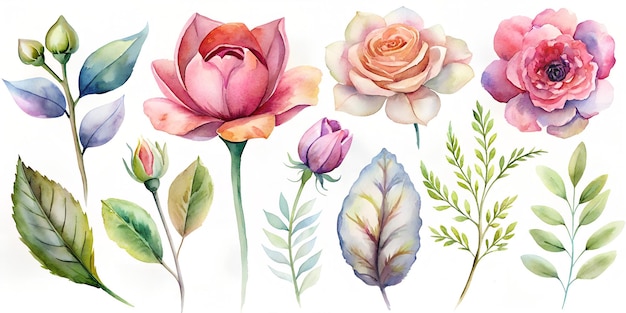 una colección de rosas y hojas de diferentes colores