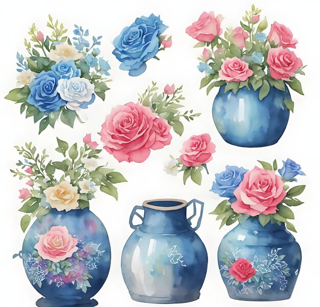 Colección de rosas rosas con jarrón azul