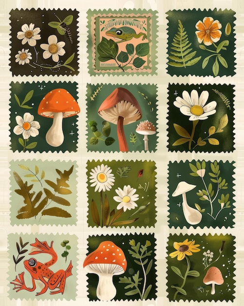 una colección de sellos con un pájaro y flores