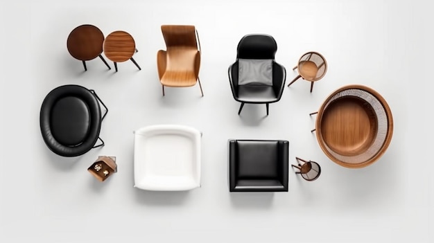 Una colección de sillas y una mesa con una silla en blanco y negro.