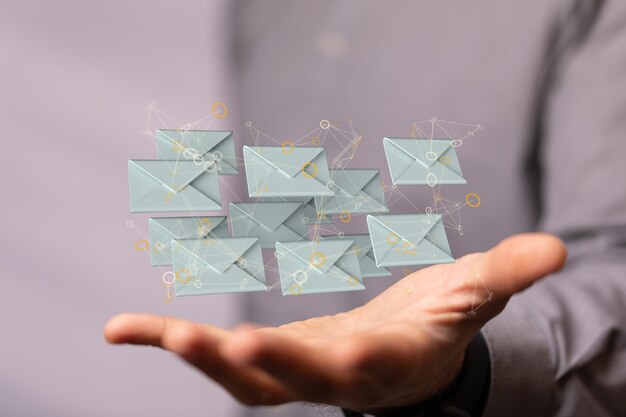 Colección de símbolos ilustrativos de correo electrónico conectados con líneas y puntos