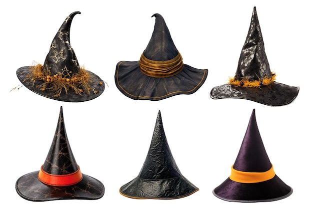 Colección de sombreros de brujas negras de cuero y tela de diferentes estilos aislados en blanco Ilustraciones de IA generativas realistas