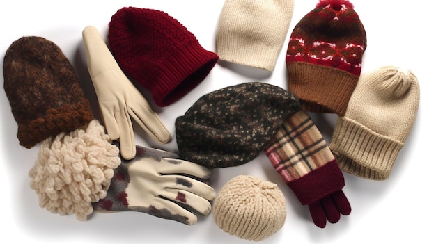 Una colección de sombreros y guantes de invierno en varios diseños