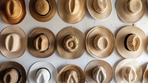 Colección de sombreros de varios estilos cuidadosamente exhibidos en la pared blanca