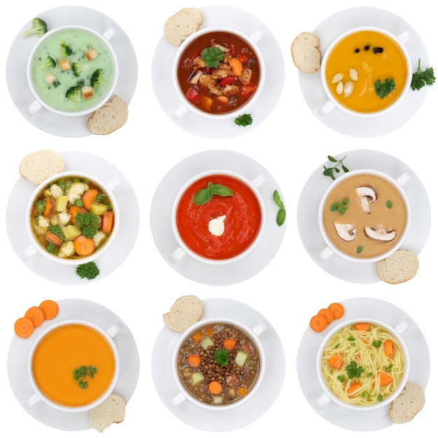 Colección de sopas sopa en taza de fideos vegetales de tomate aislado desde arriba