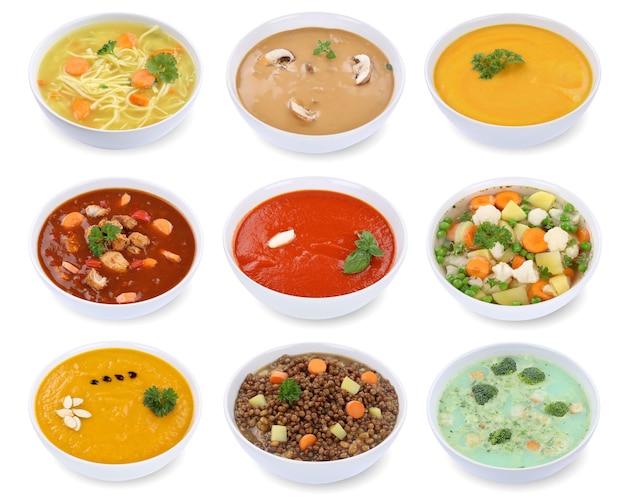 Colección de sopas sopa en un tazón de fideos vegetales de tomate aislado