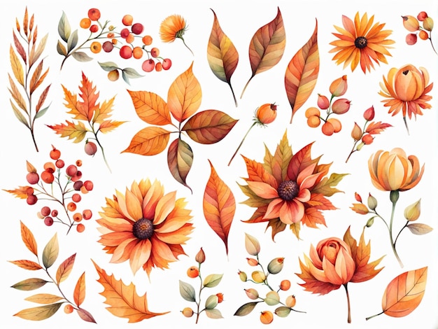 una colección de suaves flores de otoño de acuarela aisladas en un fondo transparente