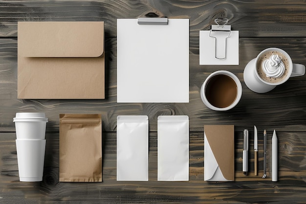 Foto una colección de suministros de oficina incluyendo un cuaderno un bolígrafo una taza y un reloj