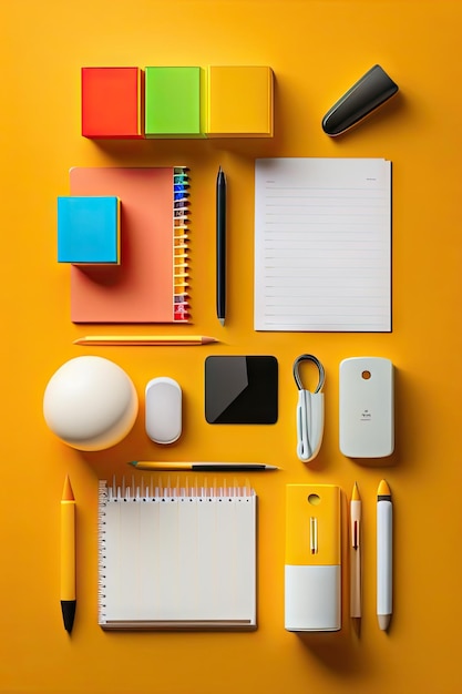 Colección de suministros de oficina sobre fondo amarillo Escritorio plano creativo
