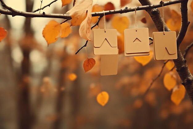 Foto colección de tarjetas cuadradas de papel reciclado colgadas en ramas de arce con etiqueta de colgar de la naturaleza vintage de otoño