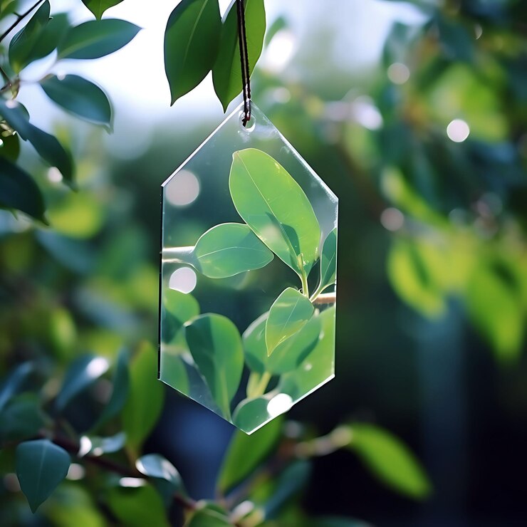 Foto colección de tarjetas hexagonales de acrílico atadas a ramas de eucalipto con etiqueta de colgar de la naturaleza vintage de color gris