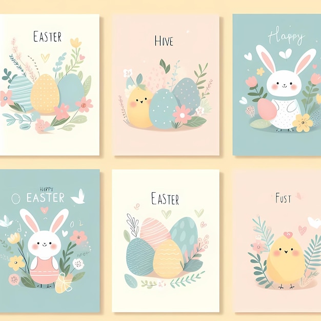 Foto una colección de tarjetas con huevos de pascua y decoraciones de pascua