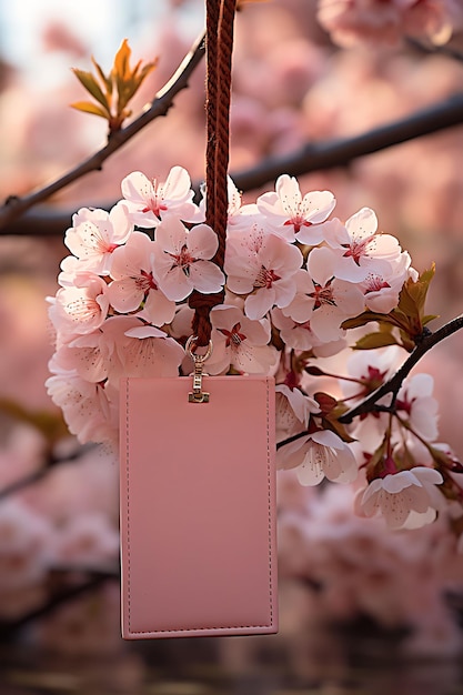 Foto colección de tarjetas rectangulares de cuero suspendidas de la rama de la flor de cerezo vintage nature hang tag
