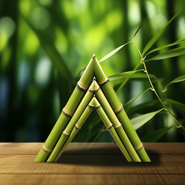 Foto colección de tarjetas triangulares de bambú atadas a ramas de bambú con una etiqueta verde y antigua de la naturaleza