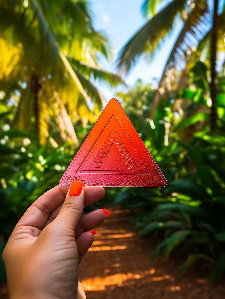 Foto colección de tarjetas triangulares de plástico pegadas a las ramas de las palmeras con una etiqueta de colgar de la naturaleza vintage